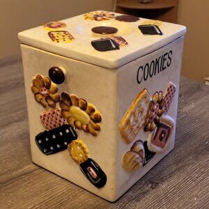 Vintage 1950s Cookie Jar Square Sunflower and Cookies